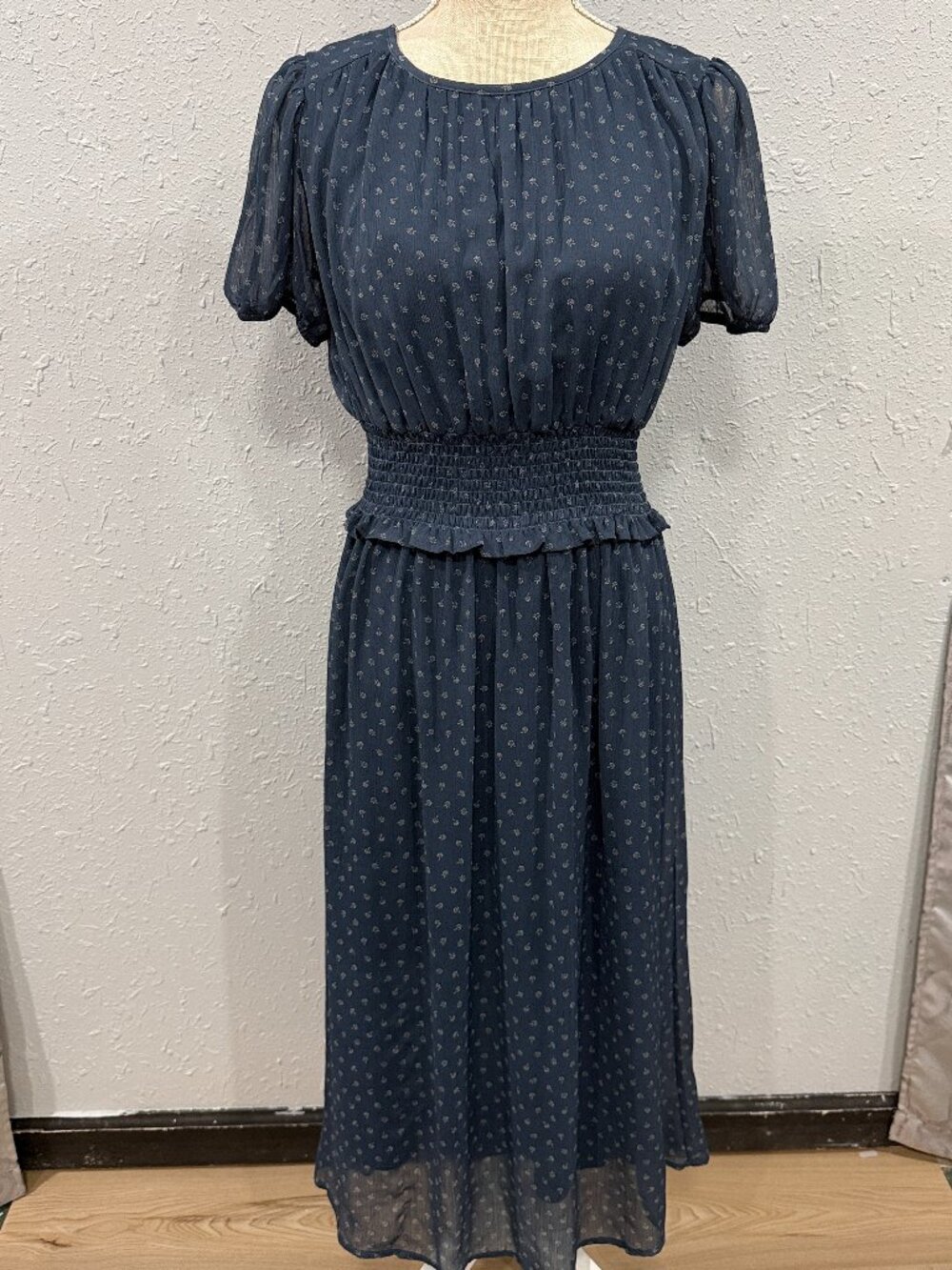Wild Fable Midi Prairie Dress Navy Blue Smocked-Waist Size XS